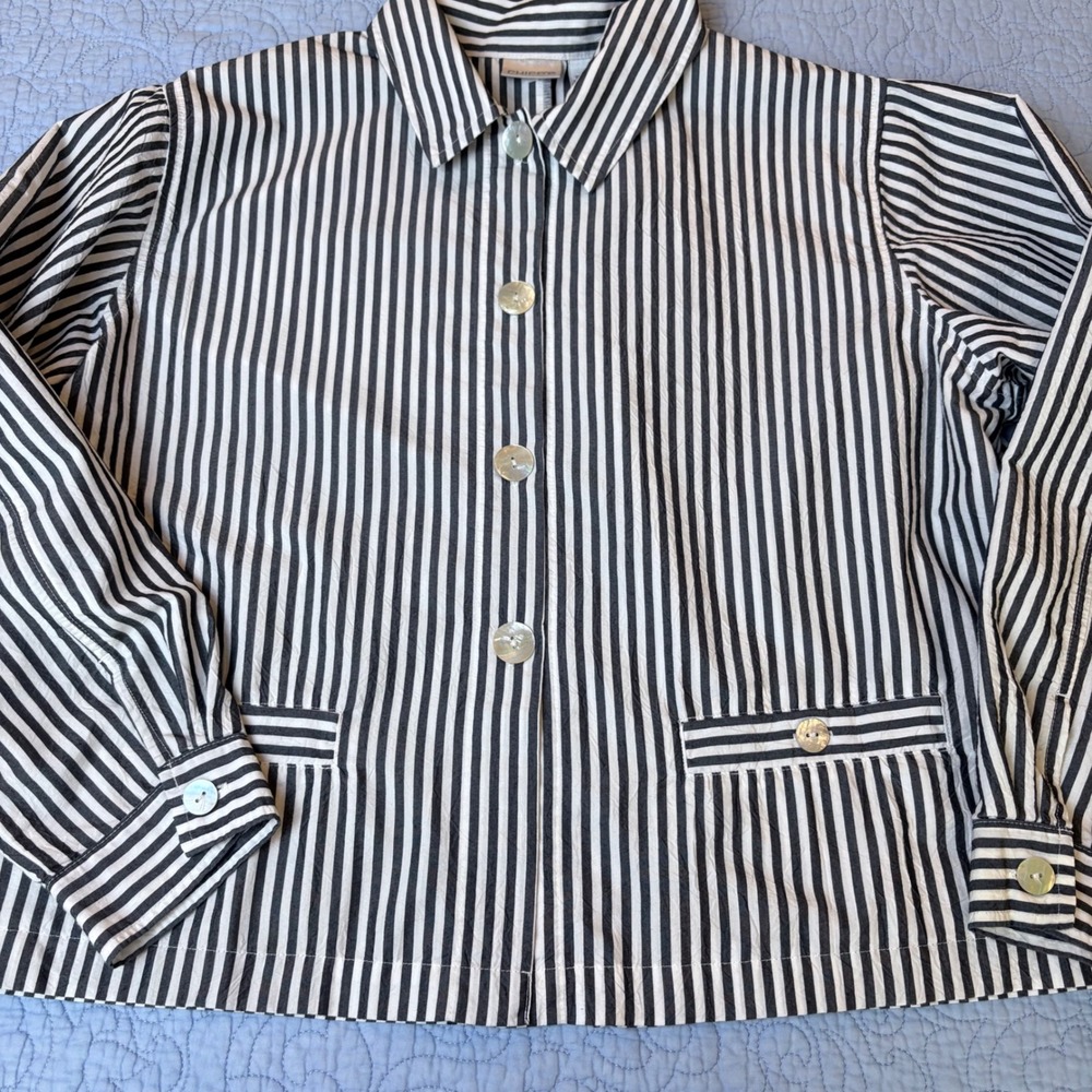 Chicos Gray White Striped Seersucker Button Up Shirt Jacket Size 3 Large XL